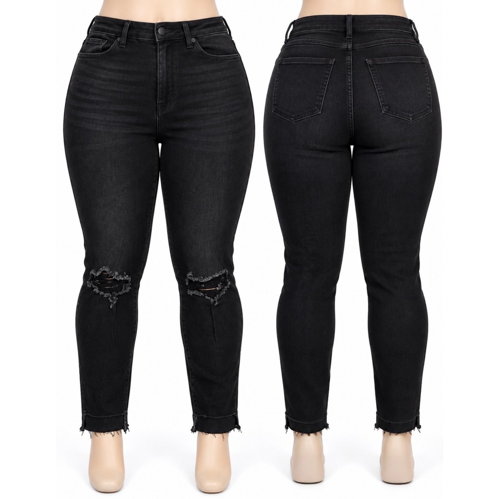Good American Good Legs Crop Jeans Women 22 Black NEW Distressed Raw Hem Skinny